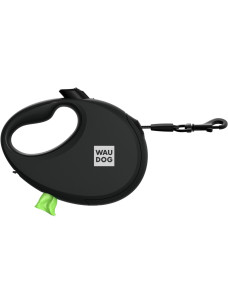 Повідець-рулетка для собак Waudog R-leash M, 5 м, до 20 кг, чорний, зі світловідбивною стрічкою та контейнером для пакетів, 26281