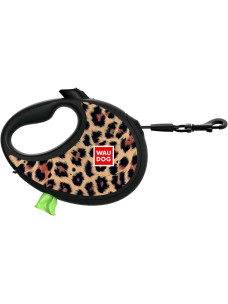 Повідець-рулетка для собак Waudog R-leash M, 5 м, до 20 кг, Леопард, зі світловідбивною стрічкою та контейнером для пакетів, 256-4066