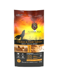 Сухой корм для взрослых собак всех пород Ambrosia беззерновой с курицей и лососем, 12 кг
