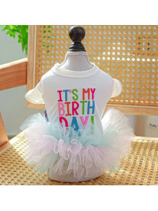 Платье День Рождения для собак и кошек  It's my birth day с фатином белое S Д-23-27см ОГ-36-40см