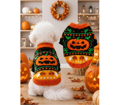 В'язаний светр для собаки Гарбуз Halloween (Хелловін) чорно-жовтогарячий, розмір ХL, Д-38 ОГ-42см 49122