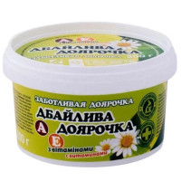 Мазь Дбайлива доярочка 200 г банка — это ветеринарный дерматологический препарат на основе экстракта ромашки, витаминов A, E и глицерина.