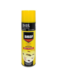 Дихлофос Вихор без запаха для уничтожения тараканов, мух, муравьев, желтый, 550 мл