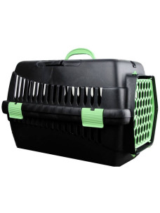 Переноска для животных Гулливер черная пластик салатовые двери 49х35х32 см до 5 кг