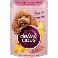 Влажный корм для собак Delickcious Хлопья с индейкой и тропическими фруктами в сливочном соусе 85 г