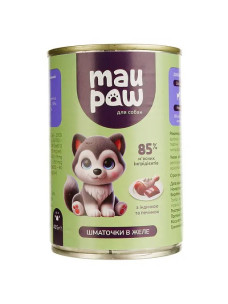 Повнораціонний корм для дорослих собак MAU PAW Шматочки в желе з індичкою та печінкою консервовані 415 г