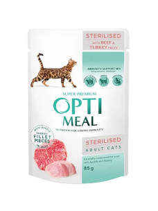 Вологий корм для котів Optimeal Adult Cats Sterilised з яловичиною та філе індички в желе 85 г