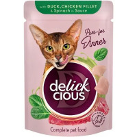 Влажный корм для кошек Delickcious Кусочки с уткой, куриным филе и шпинатом в соусе 85 г