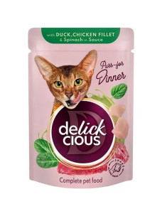 Влажный корм для кошек Delickcious Кусочки с уткой, куриным филе и шпинатом в соусе 85 г