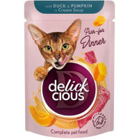 Влажный корм для кошек Delickcious Полоски с уткой и тыквой в крем супе 85 г