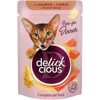 Влажный корм для кошек Delickcious Полоски с лососем и сыром в крем супе 85 г
