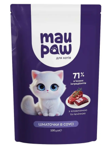 Полнорационный корм для взрослых кошек MAU PAW Кусочки в соусе с говядиной и печенью 100 г