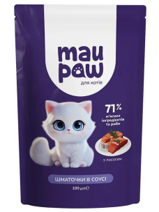Полнорационный корм для взрослых кошек MAU PAW Кусочки в соусе с лососем 100 г