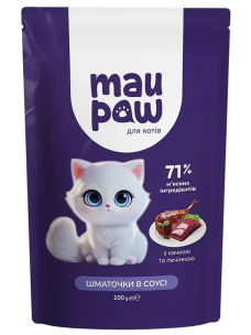 Полнорационный корм для взрослых кошек MAU PAW Кусочки в соусе с уткой и печенью 100 г