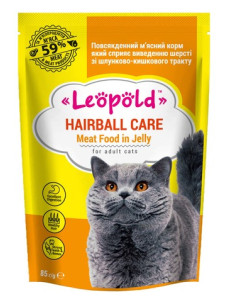Вологий корм для котів для виведення шерсті Леопольд Hairball care Асорті з м'ясом в желе, 85 г