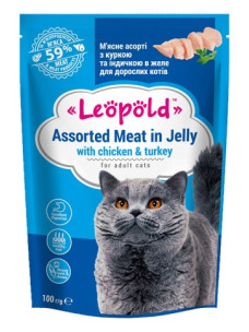 Влажный корм для котов Леопольд Ассорти с курицей и индейкой в желе, 100 г