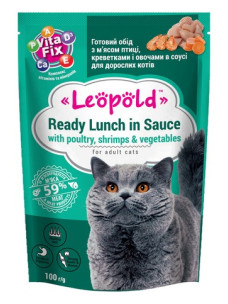Влажный корм для котов Леопольд Готовый обед в соусе с мясом птицы, креветками и овощами, 100г