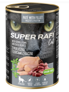 Вологий корм для стерилізованих котів Dolina Noteci Super Rafi Cat із цесаркою та качиними серцями 400 г Рафі