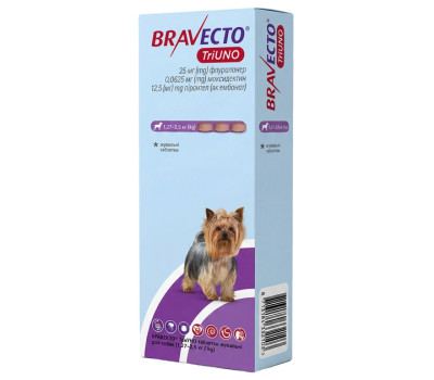 Бравекто ТриУНО (Bravecto TriUNO) три жевательные таблетки для собак весом 1,27-2,5кг от блох, клещей и гельминтов, 3 таб 25 мг