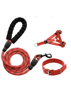 Комплект поводок ошейник и шлея со светоотражающими вставками с усиленной тягой, красный L ОГ-46-55см Д-3м