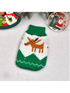 Вязаный свитер с орнаментом и оленем для котов и собак бело-зеленый  размер М Д-27см ОГ-34см