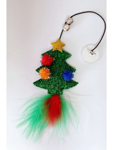 Дразнилка на присоске новогодняя Елочка с перьями и двумя звоночками на резинке 2м