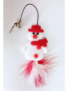 Дразнилка на присоске новогодняя Снеговик с перьями и двумя звоночками на резинке 2м